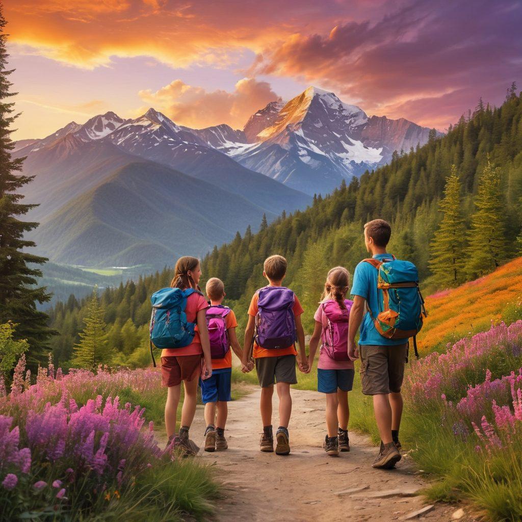 A joyful family exploring a vibrant landscape, featuring a lush forest, a mountain range in the background, and a colorful sunset. They are engaged in various activities like hiking, taking photos, and sharing laughter. Include a travel map and backpacks scattered around them to hint at adventure. Bright colors with a sense of wanderlust. super-realistic. vibrant colors. painting.