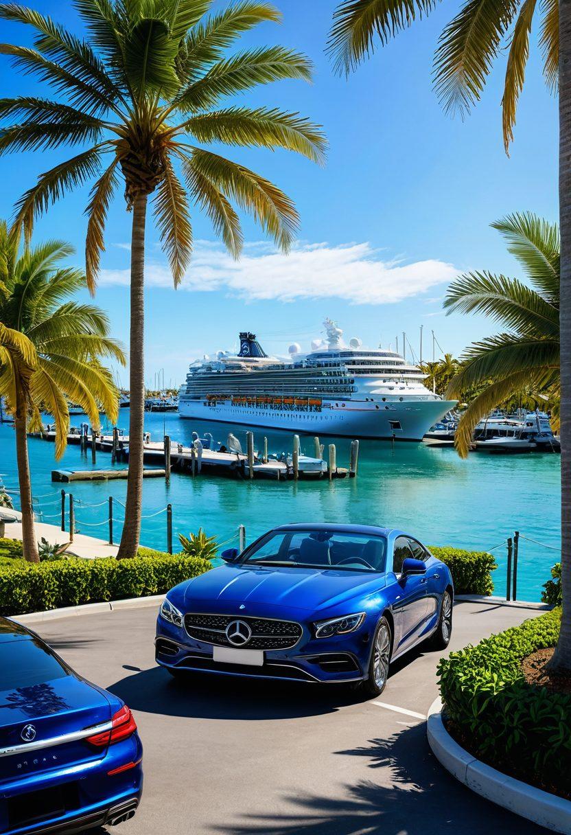 A serene marina with a luxurious cruise ship docked, surrounded by palm trees and bright sunlight. In the foreground, a family skillfully maneuvering their car into a perfect parking spot, while a helpful attendant assists, with luggage neatly stacked nearby. The backdrop features clear blue skies and sparkling water reflecting the sun. super-realistic. vibrant colors. tropical theme.