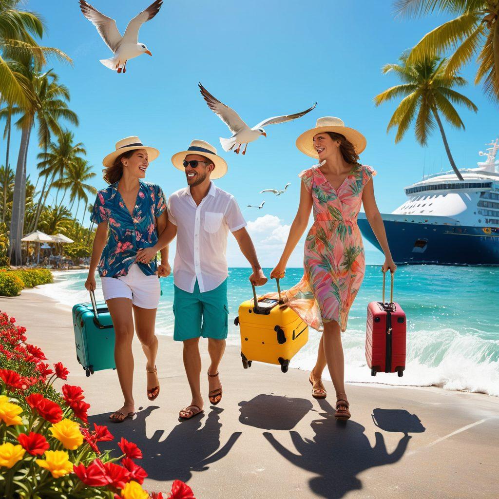 An adventurous family happily boarding a luxurious cruise ship, surrounded by vibrant tropical scenery, with colorful luggage and a parking lot in the background. Depict smiling faces, sun hats, and cheerful children carrying their toys, while seagulls fly above. Include a clear blue sky and sparkling ocean waves. vibrant colors. 3D.